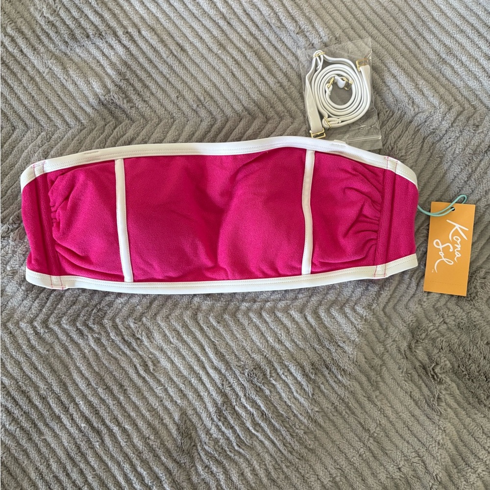 New Medium Kona Sol Pink Terry Textured Bandeau with Binding Bikini Top - Picture 3 of 11
